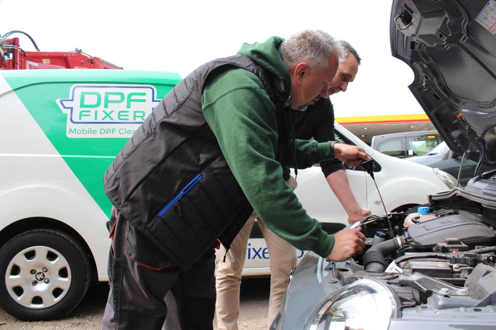 An engineer arriving for a DPF cleaning visit in Lynesack, Durham